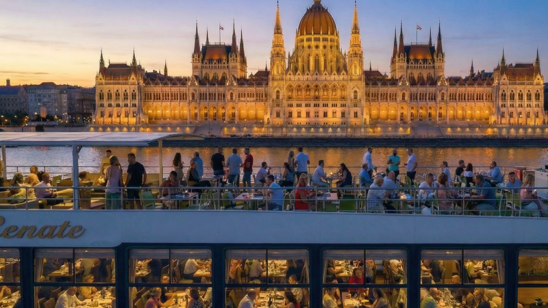 Lit building at sunset, cruise ship in foreground with people dining and socializing.