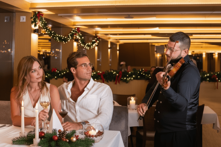 Couple dining with violinist performing nearby in a festively decorated restaurant.