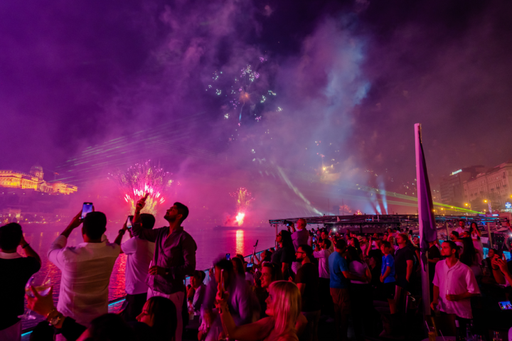 People watching colorful fireworks over the Danube at night.