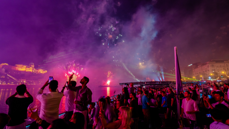People watching colorful fireworks over the Danube at night.